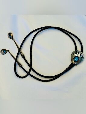 Vintage Hopi Sterling Silver Turquoise Bear Paw Bolo Tie